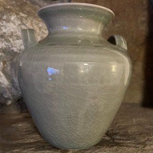 Simon Pearce Celadon Crackle Glaze Studio Pottery Handled Vase